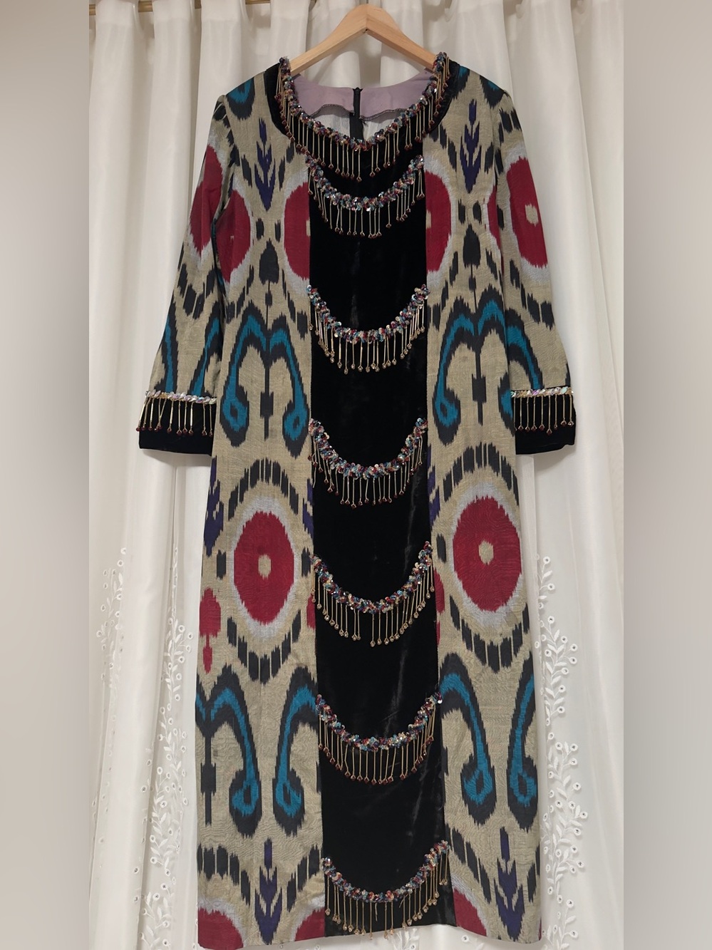 Bohemian Embellished Ikat Midi Dress - Black, Red & Teal HEND MADE